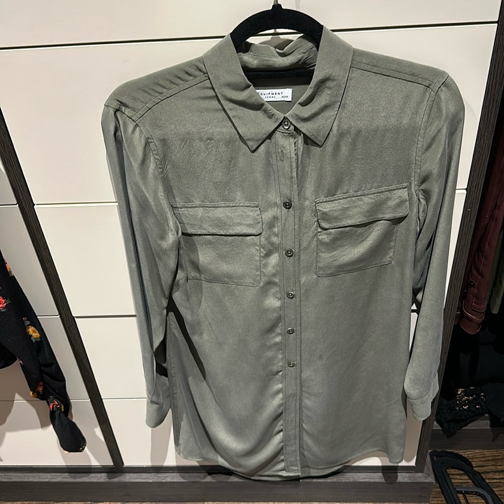 Equipment Women's Slim Signature Silk Shirt Dress Size XS Green Long Sleeve